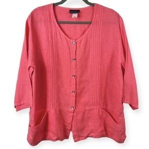 LIZ & Jane 100% Linen Button Front Blouse Pockets 3/4 Sleeve Pintuck Pink XL